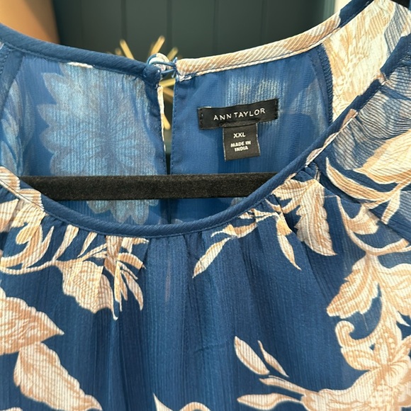 XXL teal w/cream floral Ann Taylor blouse one button cuff long sleeve scoop neck - Picture 4 of 12
